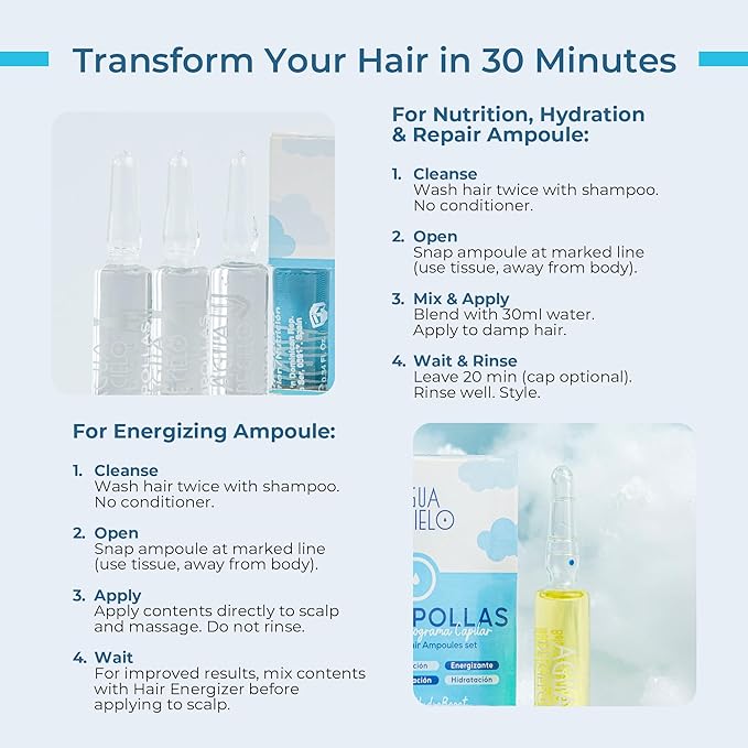 Agua de Cielo Hair Ampoules Set - Intensive Hair Treatment for Damaged Hair, Nourish, Hydrate, Repair & Energize Hair - 4 Ampoules of 10ml