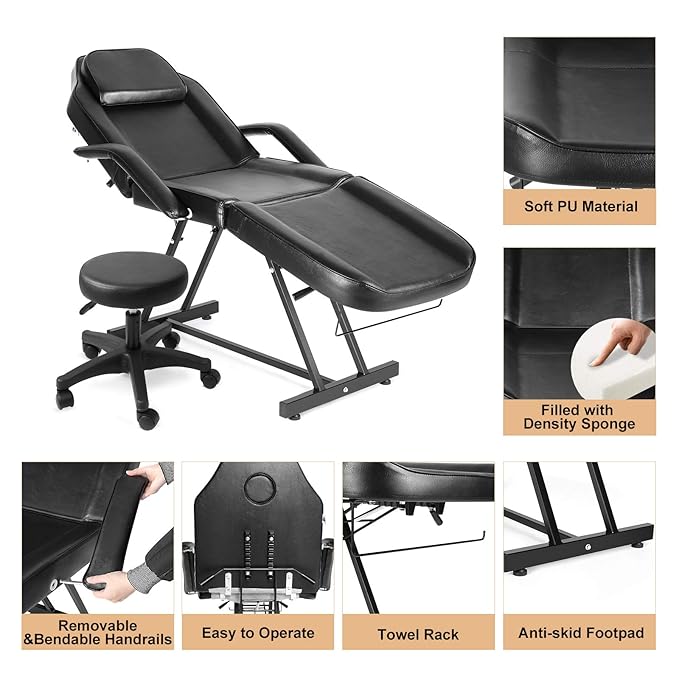 Artist hand Massage Table Adjustable Massage Bed W/Free Barber Stool Spa Bed Salon Massage Equipment Barber Chair Salon Chair (Black)