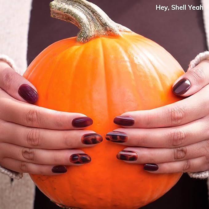 Heyhae Semi Cured Gel Nail Strips | No LED Lamp Needed | Fall, Marble, Brown | Easy Apply & Remove, Salon Quality | Includes 28 Strips, 1 Prep Pads, Nail File & Wooden stick - Hey, Shell Yeah