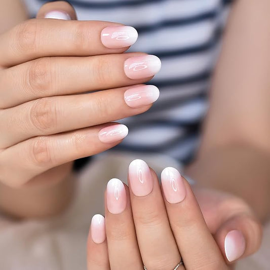 Press On Nails Nude Pink White Gradient French False Nail Art Tips Salon Women Girls DIY Manicure Reusable Acrylic Medium Length Almond Stick On Fake Nails for Daily Office Home Party