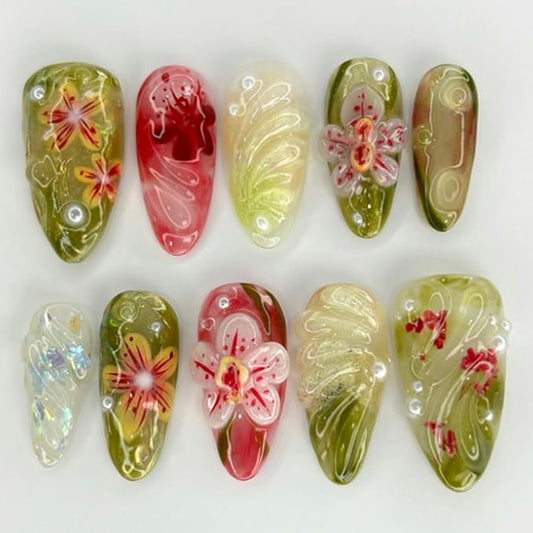 24Pcs Medium Press on Nails Almond Fake Nails Summer Flower Acrylic False Nails with Peals Design Glossy Red Green Glue on Nail Cute Floral Leaf Handmade Nails for Women
