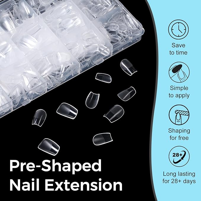 TOMICCA Extra Short Coffin Nail Tips Acrylic Nails 240Pcs Acrylic Nail Kit Pre-shape Full Cover Clear Nails For Nail Extension Home DIY Salon 15 Sizes Gel Nails