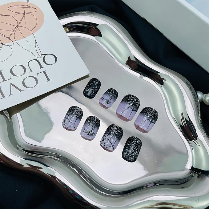 24Pcs Halloween Spider Press on Nails Short Square Fake Nails with Black Purple Glitter Designs Spider Web Full Cover Acrylic Stick on Nails Bling Halloween Nails Glossy Glue on Nails for Women Girls