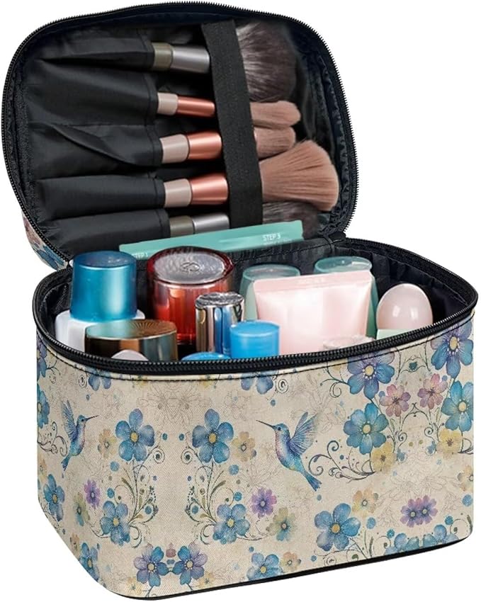 Blue Hummingbird Floral Pattern Travel Makeup Bags for Women Portable Tote Cosmetic Case with Carry Handle Toiletry Accessories Storage Organizer Bags