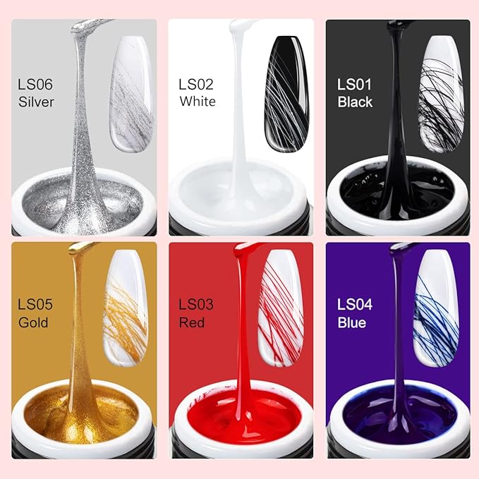 SAVILAND 6 Colors Spider Gel, New Upgraded Matrices Spider Gel with Nail Art Brushes, Nail Designs Paint Wire Drawing Gels Polish for Line (White Black Red Blue Gold Silver)