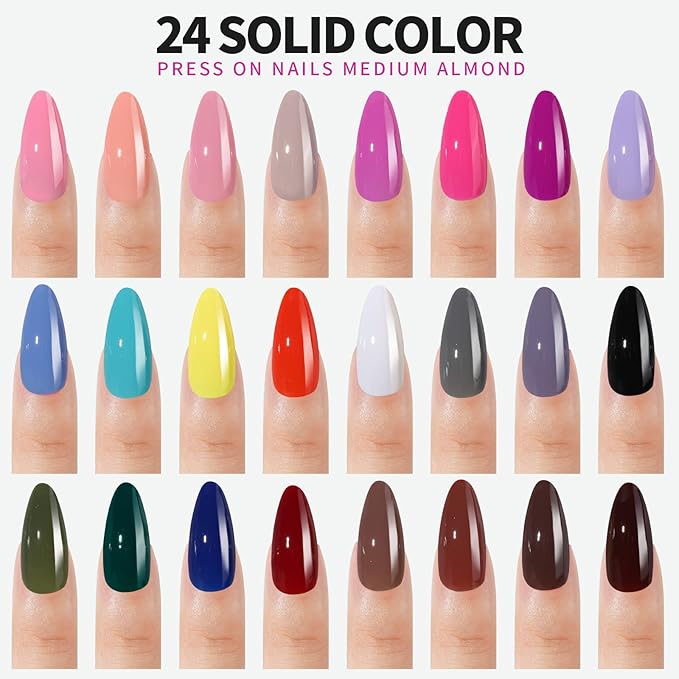 FANDAMEI Press on Nails, 24 Colors 576PCS Press on Nails Almond, Medium Acrylic Fake Nails Full Cover, Natural Glossy, False Nails with Nail Glue
