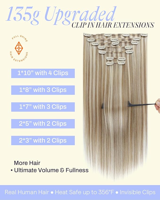 Full Shine Clip in Extensions Blonde Human Hair Highlight Clip in Hair Extensions Dark Blonde Mix Light Blonde Real Human Hair Extensions Clip ins 16 Inch 7 Pcs 135 G