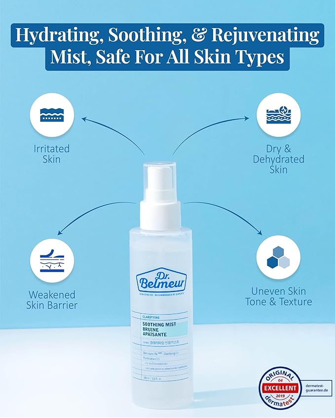 Dr. Belmeur Clarifying Soothing Mist (3.4fl oz) - Gentle, Hypoallergenic for Hydration, Soothing. Korean Skin Care. Beta-Glucan, Chaga Mushroom.