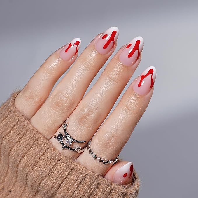 Press On Nails Short Almond Horror Fake Nails with Horror Design, Glue On Nails Reusable Stick On Nails in 16 Sizes, 32pcs False Nail Kit for Women & Girls