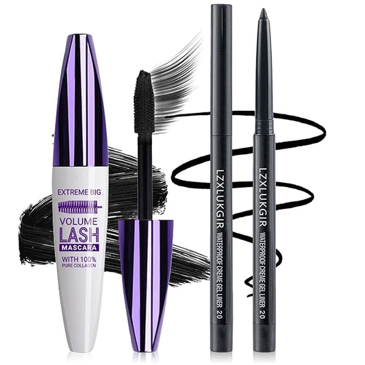 Black Mascara and Eyeliner Set,Natural Curling Black Mascara for Eyelashes,Volumizing Lengthening máscara de pestañas Waterproof,5D Colored Eye Makeup