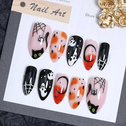 24Pcs Halloween Press on Nails Short Pointed Goth Fake Nails Black Cat with Spider Web Pumpkin Designs Full Cover Glue on Nails Cute Ghost False Nails Horror Glue on Nails for Women Acrylic Manicure