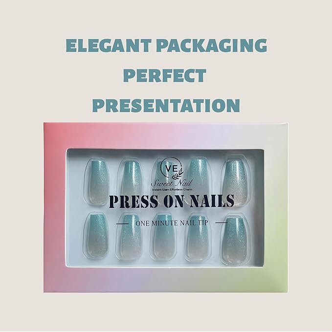 Press on Nails – 30PCS Medium Coffin Cat Eye Fake Nails with 12 Sizes – Gradient Blue Green Glossy Nails for Women – Reusable Glue-On Nails for All Occasions