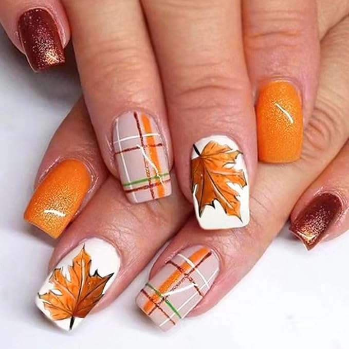 Thanksgiving Press on Nails Medium Square Fake Nails with Maple Leaf & Plaid Designs Orange Nails Press ons Glossy Glue on Nails Fall False Nails Brown Stick on Nails for Women 24Pcs