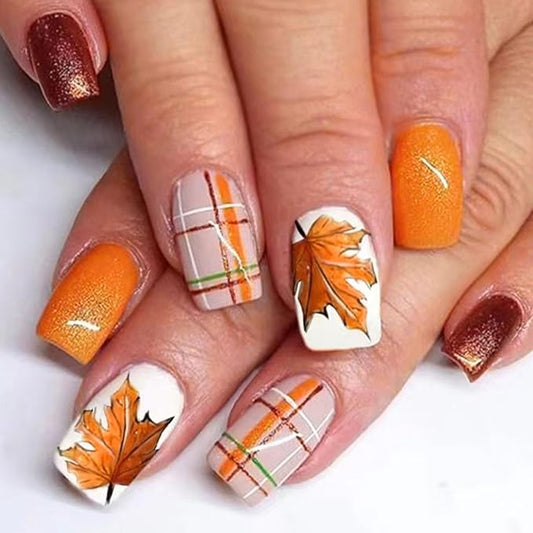 Thanksgiving Press on Nails Medium Square Fake Nails with Maple Leaf & Plaid Designs Orange Nails Press ons Glossy Glue on Nails Fall False Nails Brown Stick on Nails for Women 24Pcs