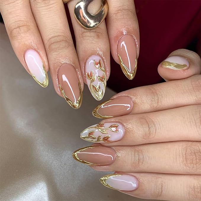 24Pcs Gold French Tip Press on Nails Medium Almond Fake Nails with 3D Flower Design Gilding False Nails Full Cover Artificial Glue on Nails Spring Summer Stick on Nails Glossy Nail Supplies for Women