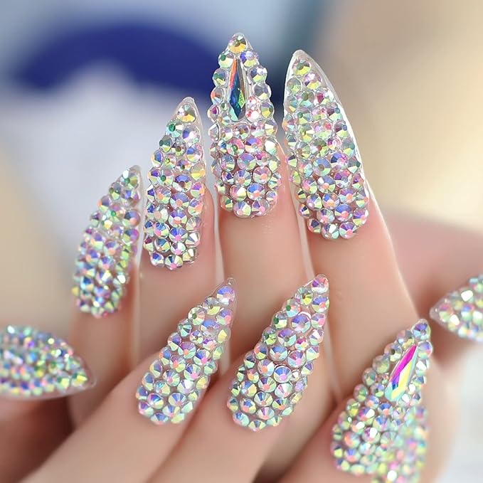 Handmade Press on Nails Full Cover Luxurious 3D Crystal False Nails Super Extra Long Stiletto Diamonds Art Decoration Fake Nails Manicure Kit Nail Art Tips Gift for Women Girls Wedding Party