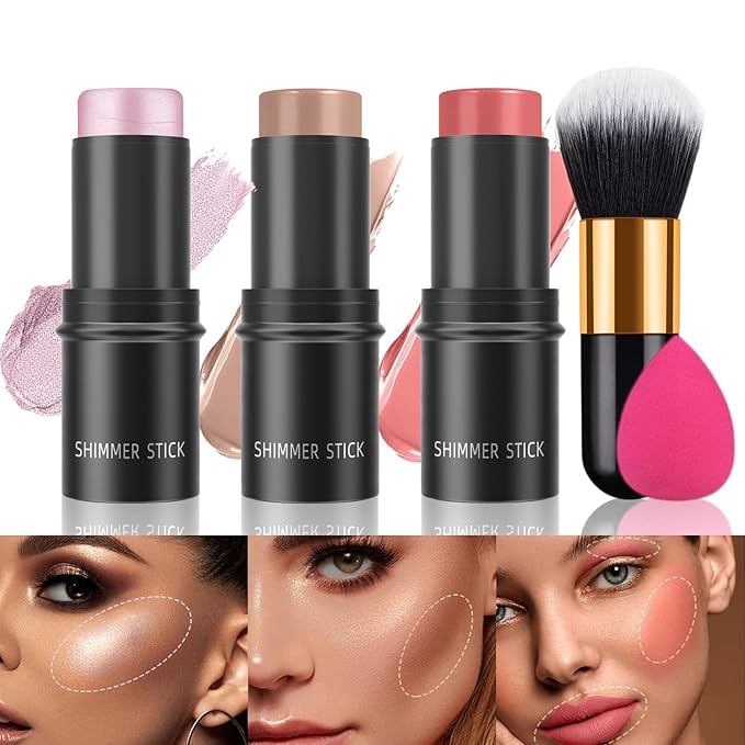 3-in-1 Cream Contour Stick with Highlighter, Bronzer, Illuminator & Blush, Face Contour Stick Makeup with Brush & Sponge, Long Lasting