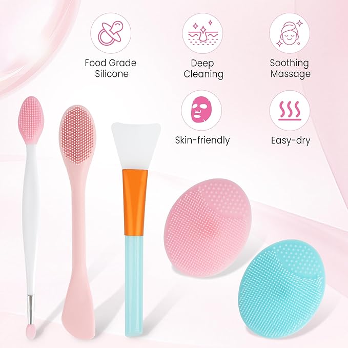 5PCS Silicone Face Scrubber Brushes Set- 2PCS Facial Cleaning Brush Exfoliator Tools- 1PCS Silicone Face Mask Applicator- 2PCS 2 in 1 Face Mask Brush Nose Lip Scrubber Skin Care Tools