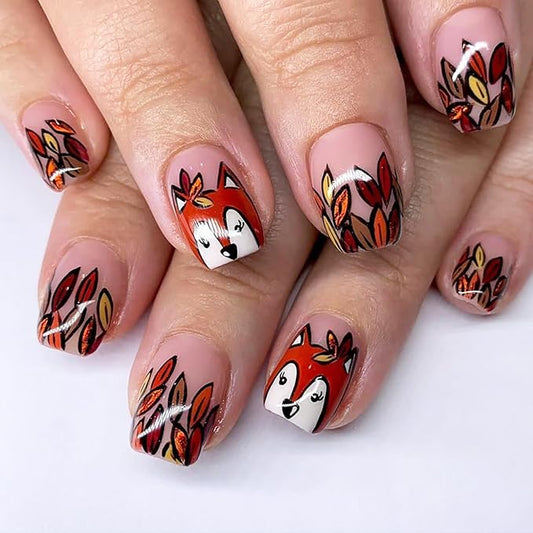 Fall Press on Nails Short Square Fake Nails with Fallen Leaf Designs Nude Acrylic Glue on Nail Cute Squirrel Stick on Nails Glossy Reusable Thanksgiving False Nail for Women Autumn Manicure 24pcs