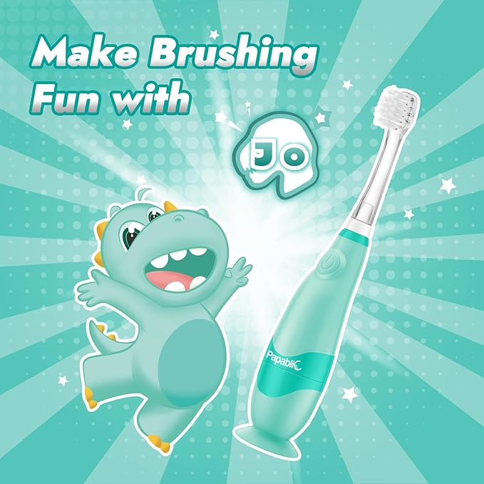 Papablic Toddler Sonic Electric Kids Toothbrush for Ages 1-3 Years, Baby Electric Toothbrush with Cute Dino Cover and Smart LED Timer, 2 Brush Heads (Jo)