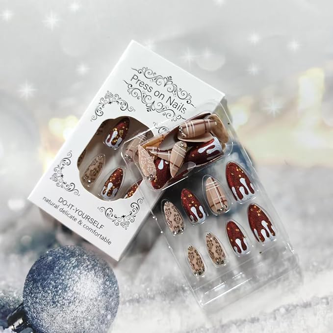 30Pcs Christmas Press on Nails with Cute Gingerbread Man Design Almond Fake Nails Dark Red Glitter False Nails Sparkling Rhinestones Stick on Nail Brown Stripes Artificial Nail for Women