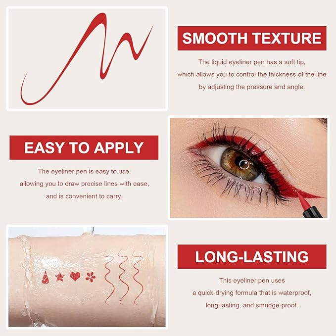 4PCS Red Eyeliner Pen Set, Eyeliner Stamp, Double-headed Red Liquid Eye liner Pencil for Women Eye&Lip Liner Professional Waterproof Halloween Makeup, Star,Triangle,Flower,Heart