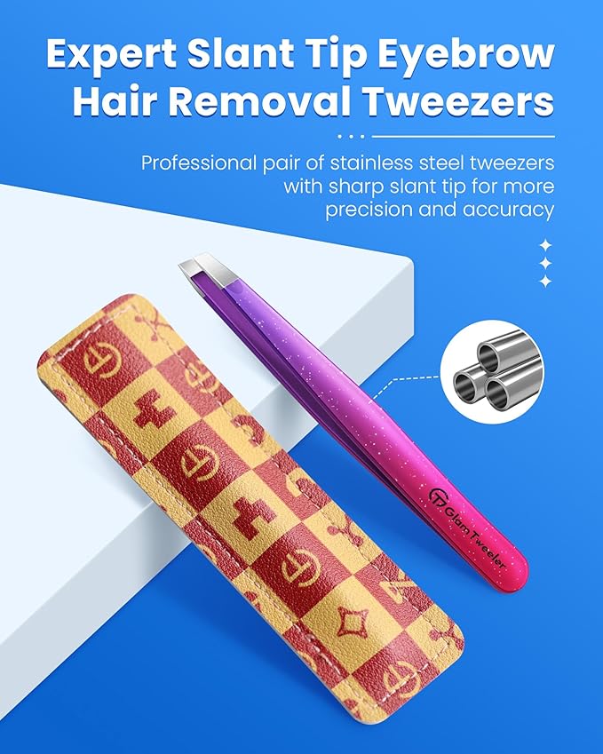 Expert Slant Tip Tweezers with Leather Travel Case, GlamTweeler Sharp & Precision Stainless Steel Tweezer for Eyebrows, Facial Hair and Fine Hairs Removal (Sparkle Deep Violet & Lavender)