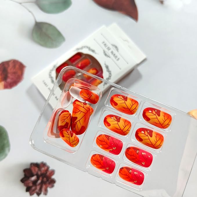 Fall Press on Nails Short Oval Fake Nails Red Yellow Gradient Maple Leaf False Nails Thanksgiving Glue on Nails Gold Glitter Acrylic Nail Press ons Autumn Manicure Kit for Coquette Women 24Pcs