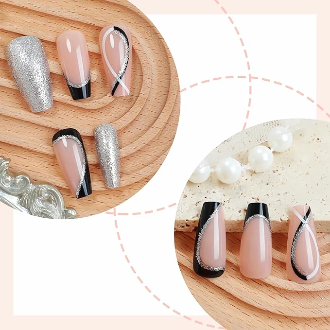 BABALAL Long Coffin Press on Nails - Black French Tip Fake Nails, Glitter Bling Nails Glue on Swirl Acrylic Nails False Nails 24Pcs Manicure Squoval Stick on Nails for Women and Girl