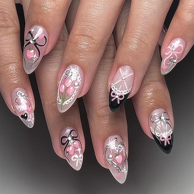 IMRAIN Press on Nails Medium Almond Fake Nails Pink Ombre Acrylic Gel False Nails with Cute Rabbit & Bow Designs Black French Nail Supplies Glossy Glitter Glue on Nails Y2K Stick on Nails 24Pcs