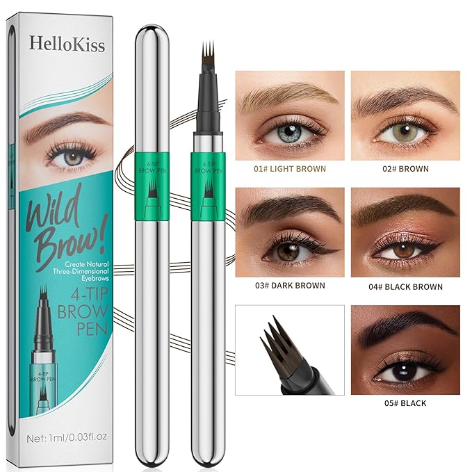 Microblading Eyebrow Pen - Waterproof Eye Brow Pen with 4-Fork-Tip Liquid Brow Pens for Natural Looking Defined Eyebrows (Brown)