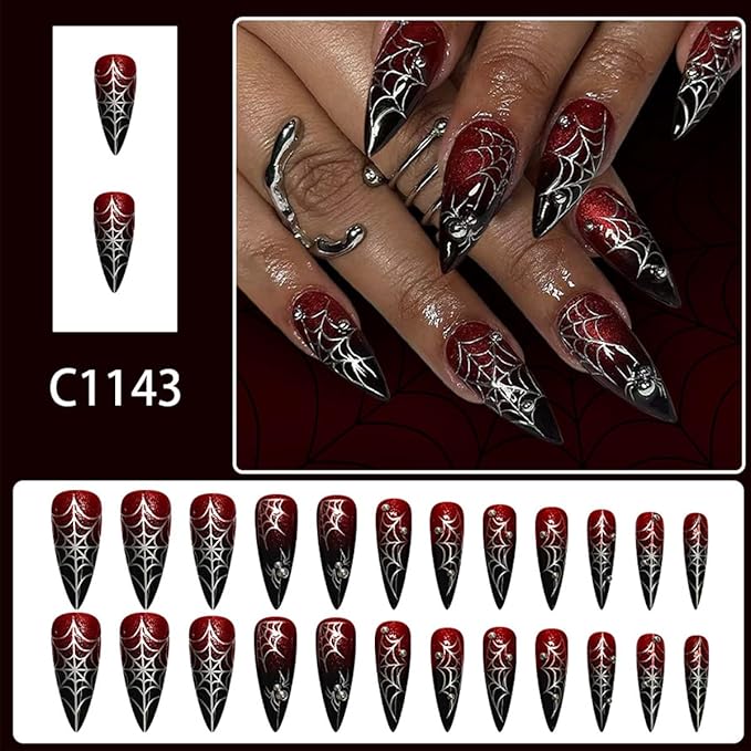 24Pcs Halloween Press on Nails Medium Almond Pointed Goth Fake Nails with Spider Web Rhinestones Design Halloween False Nails Black Red Gradient Acrylic Glue on Nails Reusable Nails Kit for Women DIY