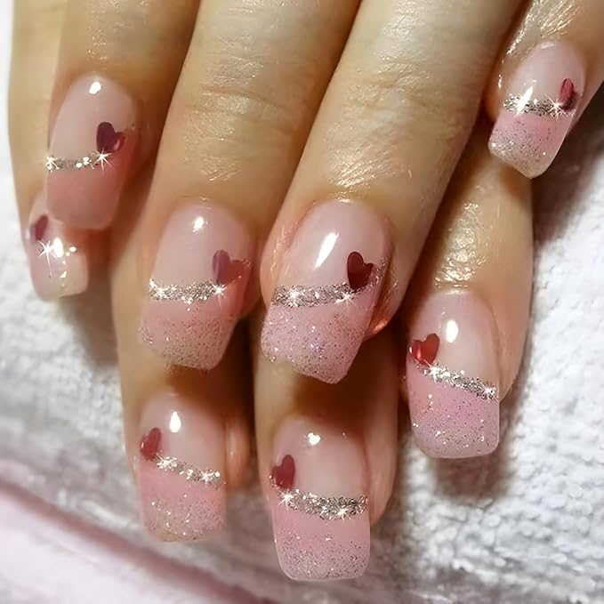 24Pcs Heart Press on Nails Medium Square Fake Nails Pink French Tip Glue on Nails Valentines Press ons Pink Stick on Nails Valentines Artificial False Nails for Women DIY Acrylic Nails Charms