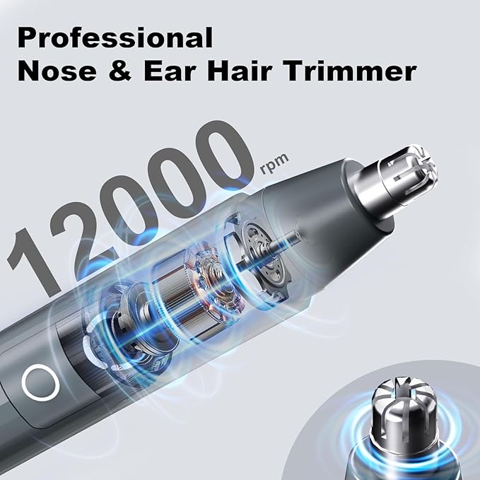JISHO Rechargeable Ear and Nose Hair Trimmer for Men Women-12000 RPM Powerful Motor with Dual Edge Blades, Waterproof, USB Type-C, Easy to Clean Travel Size (2 Refills)