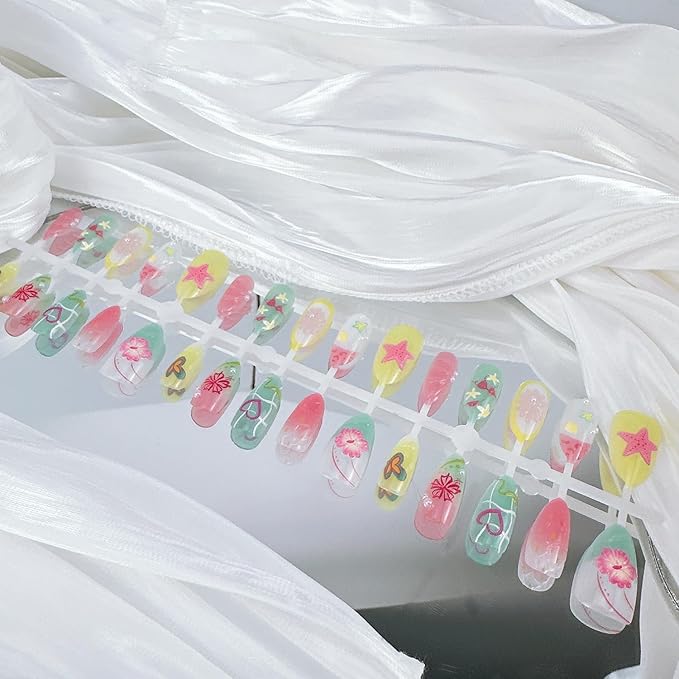 30Pcs Summer Press on Nails Medium Almond Fake Nails with 3D Flower Designs Starfish False Nails Heart Butterfly Lemon Stick on Nails Ocean Beach Acrylic Nails Pearl Floral Glue on Nails for Women