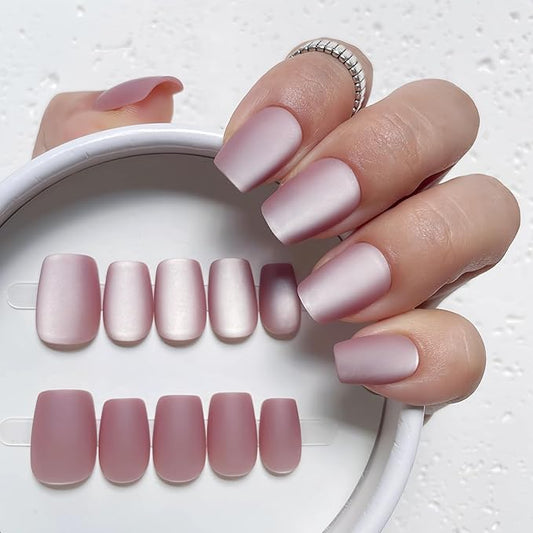 Press On Nails – 30PCS Short Coffin Matte Cat Eye Fake Nails in Dusty Rose – Durable Glue-On Nails for Women with 12 Sizes – Reusable & All-Occasion Ready
