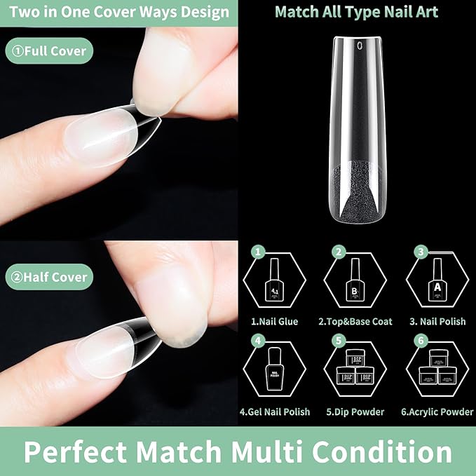 XXL Long Square Nail Tips, 120pcs Acrylic Fake Nails Gel Nail Tips Soft, Full Cover Pre-Shaped Matte Clear Press on Nails for Extension, Diy at Home Manicure 12 Sizes