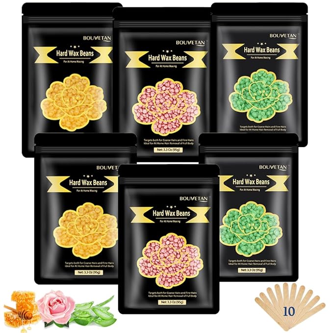 Wax Beads for Hair Removal – 6 Packs, 21oz – Gentle, Effective Hard Waxing Beads for Smooth Skin Bikini, Eyebrow, Face, Legs, Full Body Waxing