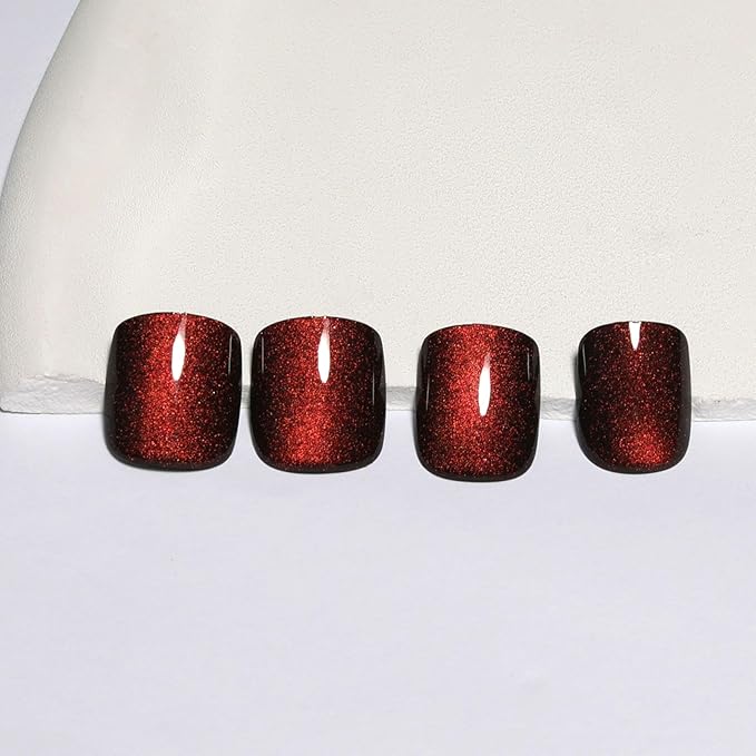 Wine Red Press On Nails Short – Square Cat Eye Fake Nails with Color-Shifting Glow, Reusable Stick On Nails, 15 Sizes, 30 Nail Kit with Glue, Thick Glue On Nails for Women, M5-Crimson Spell