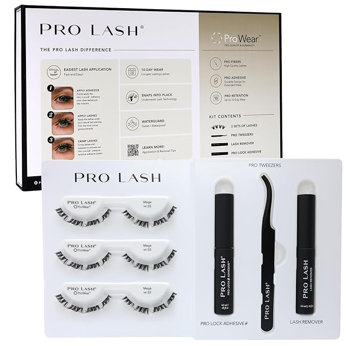 Pro Lash ProWear Starter Lash Clusters Kit - Easiest to Apply Lashes - 10-Day Cluster Eyelash Extensions - 3 Sets of False Eyelashes Plus Adhesive, Remover, Tweezers - Mega Volume No. 03 - Black