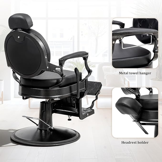 OmySalon Retro Barber Chair Heavy Duty, Aluminum Alloy Frame, Adjustable Headrest, Extra Wide Footrest, Hydraulic Salon Chair for Hair Stylist Reclining All Purpose for Beauty Spa Shampoo Styling
