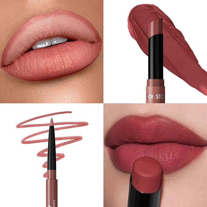 COOL STORY 2 Piece Lip Liner and Lipstick Set, Long Lasting Formula, Professional Makeup Kit (04)