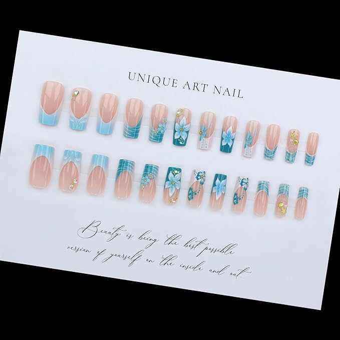 Medium Press on Nails Square Blue Flowers Stick on Nail for Women 24pcs