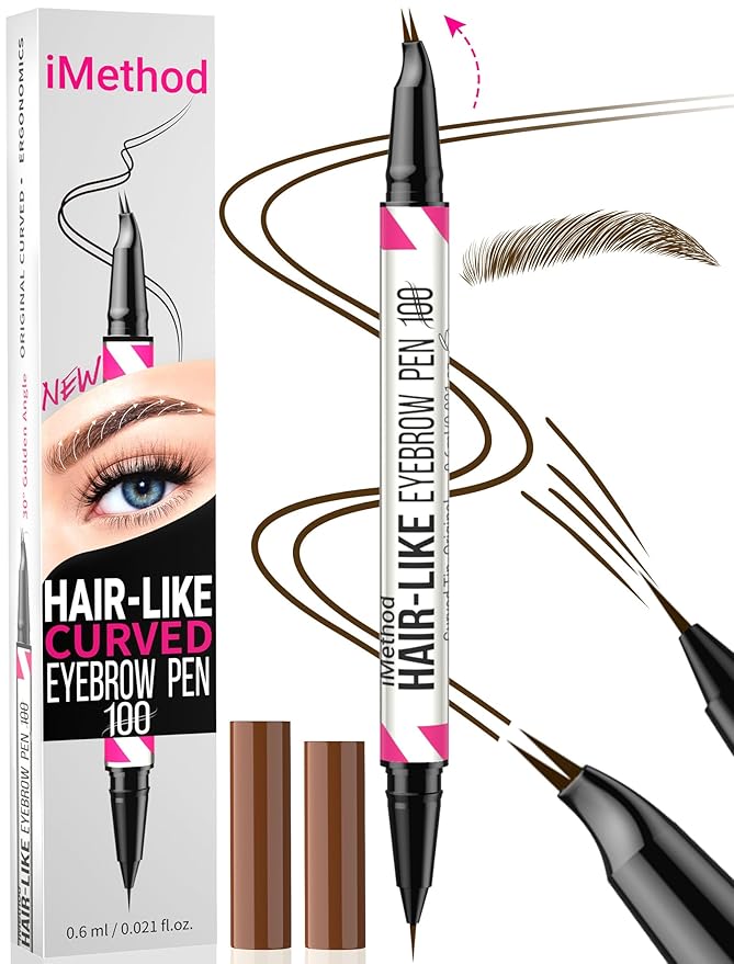 iMethod Curved Eyebrow Pen - 2-in-1 Dual-Ended Eyebrow Pencil with Curved Tip and Precise Brush-Tip, Microblading Pen for Natural Brows, Dark Brown