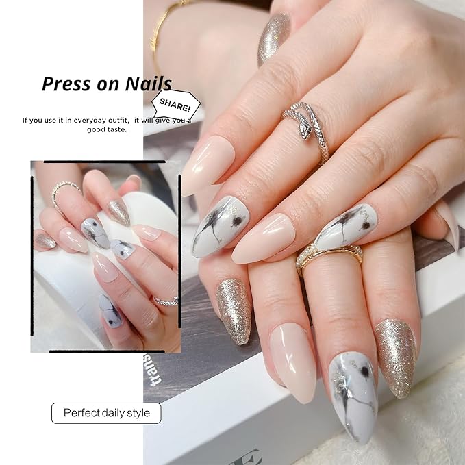 Medium Almond Press on Nails Silver Fake Nails White Leopard Print Designs Acrylic Glue on Nails Full Cover Pink Glossy Artificial Stick on Nails for Women 24 Pcs