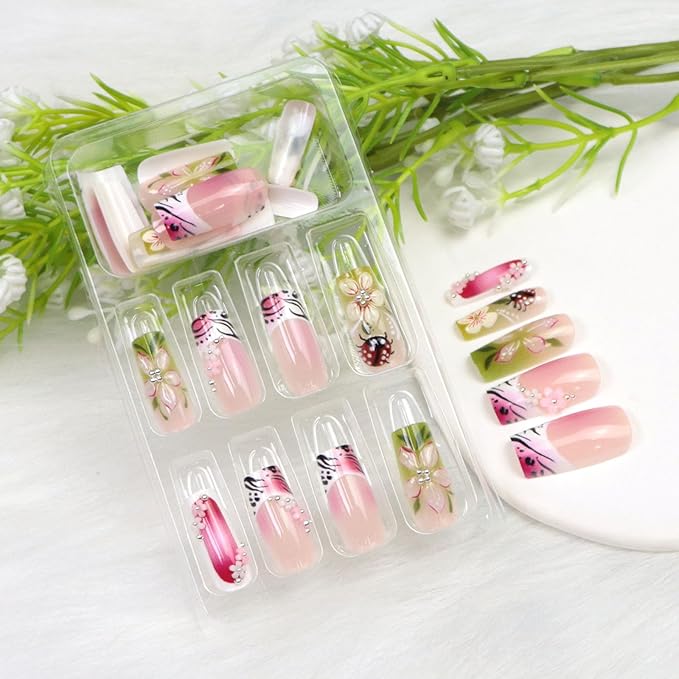 Medium Press on Nails Square Fake Nails with 3D Flower Pearl Designs White French Tip Nails Press ons Green Gradient Acrylic Nails for Women 24Pcs