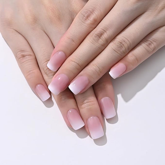 Pink Ombre Press On Nails Short Square, Gradient French Tip Designer Fake Nail Reusable Real Acrylic Nails for Women, Glossy Soft Gel False Nail with Glue On Nails, Wedding Stick On Nail