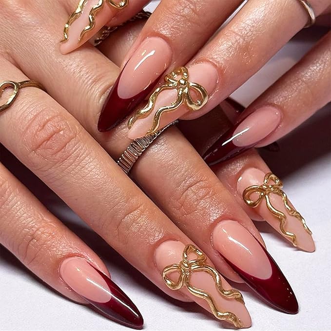 IMRAIN Press on Nails Long Stiletto Fake Nails Wine Red French Tips False Nails with 3D Golden Bow Designs Full Cover Glossy Glue on Nails Artificial Acrylic Nude Nail Press ons 24Pcs