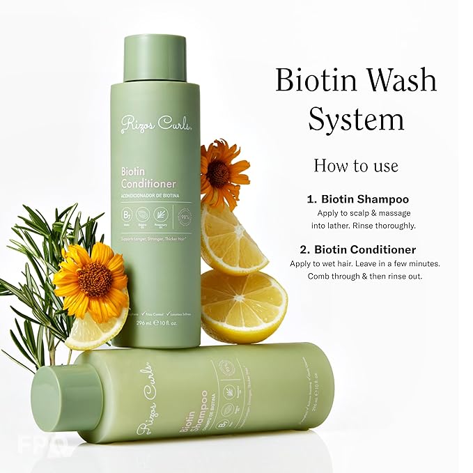 Rizos Curls Biotin Shampoo Gently Cleanse, Strengthen & Nourish Hair with Biotin & Rosemary Oil Reduces Shedding for Fuller, Healthier Hair For all Hair Types Sulfate & Paraben Free