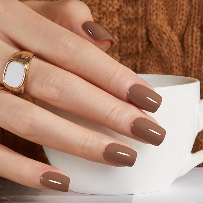 Modelones 32Pcs Brown Press on Nails, Christmas Short Square Fake Nails, Reusable Nail Kit with Nail Glue Adhesive Tabs Mini Nail File, Nails Press Ons 16 Sizes